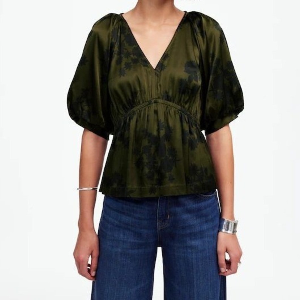 Madewell Shirred Puff Sleeve Top in Satin Mossy Umber Floral Blouse Womens XS